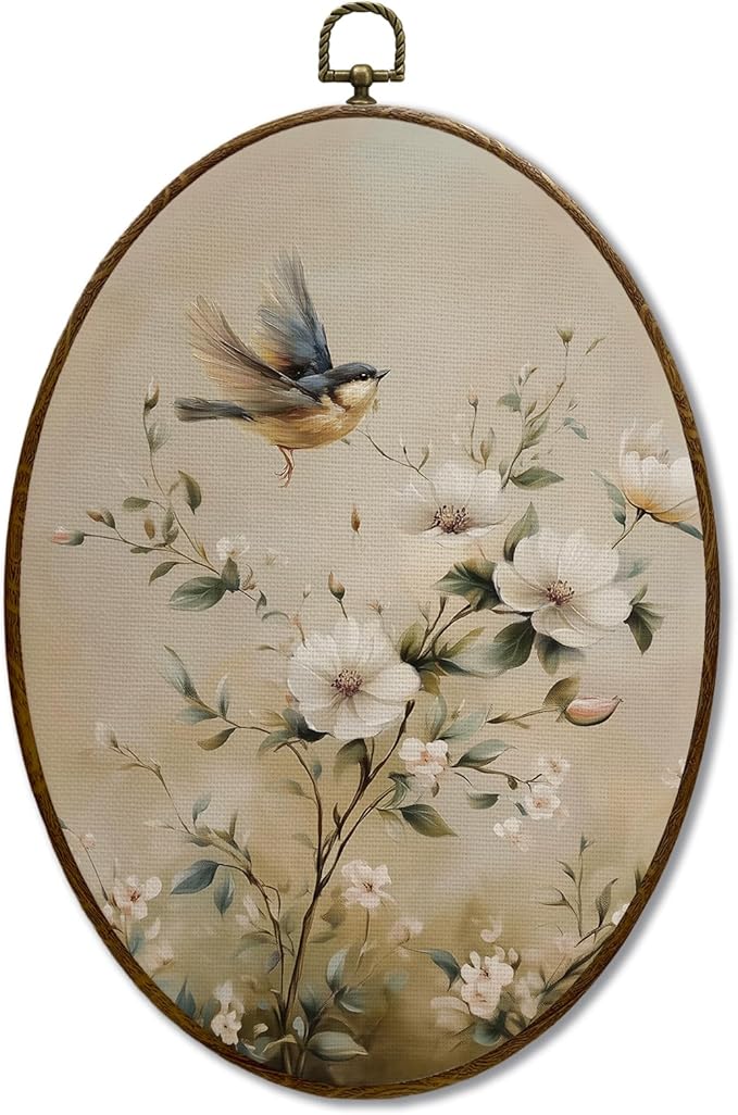 JQF Vintage Floral Bird Oval Wall Art, Rustic Cottagecore Magnolia Floral Oval Canvas Wall Art, Retro Flower Bird Framed Prints Hanging Decor for Home Bedroom Living Room, 8.5x11.5 Inch
