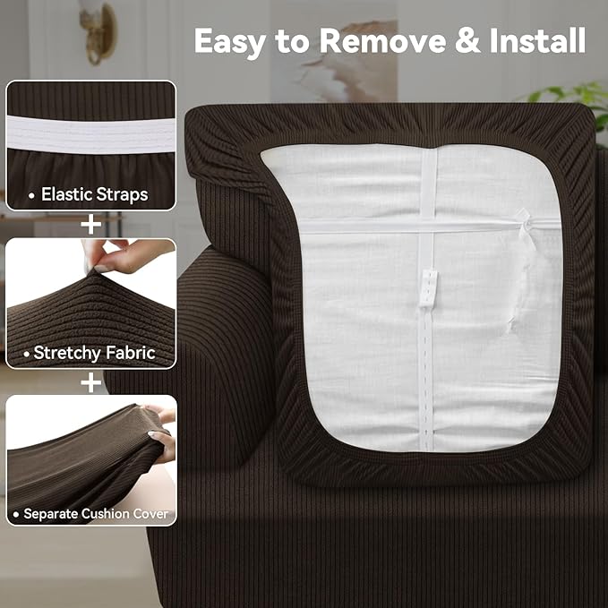 Waterproof Loveseat Cover 3-Piece Set Striped Slipcover for 2 Separate T Cushion Couch - TPU Fabric 2-Seater Sofa Covers Leakproof Couch Protector for Kids, Pets(Loveseat, Coffee)