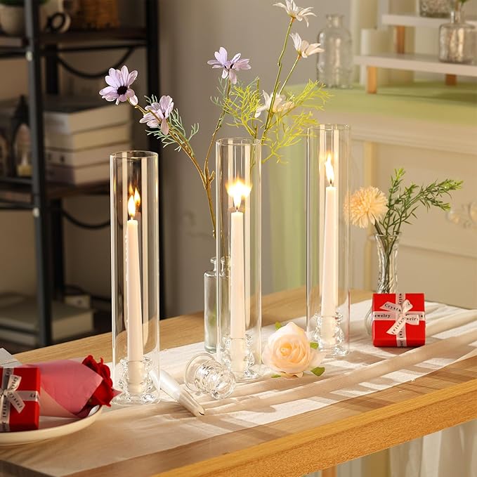 96 Set Christmas Glass Hurricane Candle Holders 12.6" Open Ended Glass Candleholder Tube Shape Bottomless and 2.2" Taper Clear Candlestick Holders for Wedding Party Table Centerpiece (Clear)