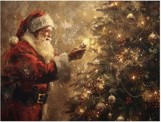 Santa Christmas Tree Wall Art Print,Dark Vintage Holiday Santa Claus Painting,Farmhouse Christmas Decor