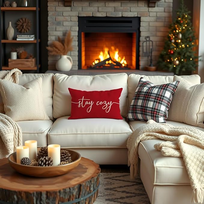 PANDICORN Red Pillow Cover 12x20 Inch, Stay Cozy Holiday Lumbar Decorative Cushion Case for Sofa Couch Bed, Christmas Farmhouse Decor for Living Room or Entryway Decorations