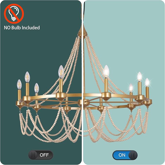 COCOSTAR Large Beaded Dining Room Chandelier,36" French Country Gold Chandeliers,Adjustable Height Modern Bohemia Pendant Light for Villa Hotel -E12 Candle Wagon Wheel Design