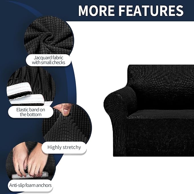 Cupuamon 2025 New Stretch Sofa Slipcovers Couch Cover for 3 Cushion Furniture Protector Sofa Covers with Elastic Bottom Jacquard Fabric Small Checks for Pets, Kids -Sofa, Black