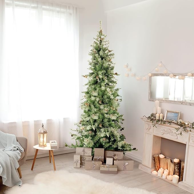 Fraser Hill Farm 7.5-Ft. Buffalo Fir Flocked Artificial Christmas Tree with Stand, Unlit Foldable Fake Tree with Realistic Snowy Foliage for Home Decoration
