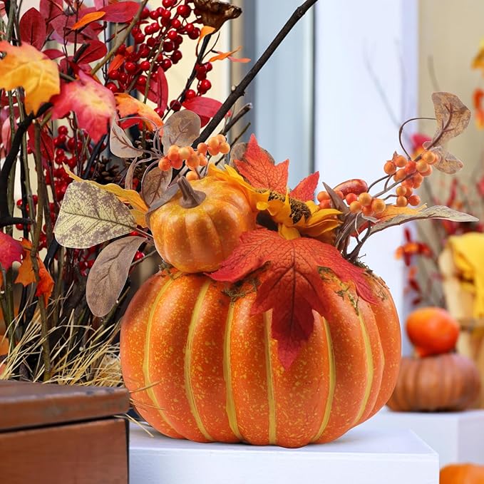 12 Inch Artificial Pumpkins Large Fake Pumpkin Decor Plastic Pumpkins Decorative with Sunflower Maple Leaf Berries Faux Pumpkin for Decorating Fall Harvest Thanksgiving Tables Centerpieces Decor