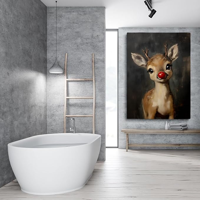 Christmas Red Nosed Reindeer Wall Art Prints,Cute Rudolph Reindeer Painting,Whimsical Baby Reindeer Canvas Prints,Moody Vintage Rudolph Poster,Rustic Christmas Nursery Home Decor