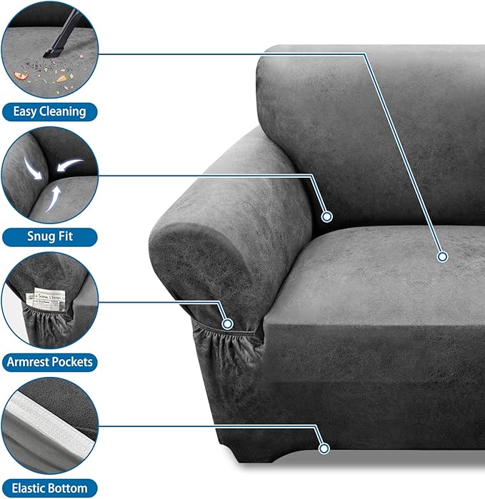 Couch Cover Leather Look 3 Seater Couch Sofa Cover 1-Piece Sofa Slipcover Stretch Furniture Protector with Elastic Bottom & Pockets(Sofa, Grey)