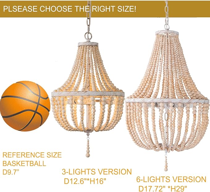 3-Lights Wood Bead Chandelier Boho Light Fixture,Antique Rustic Metal White Oak Beaded Chandelier Kitchen Island Pendant Lighting for Dining Room,Bedroom,Entryway,Foyer