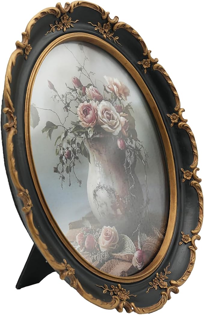 Oval Frame 8x10 - Black Gold Vintage Picture Frames 8x10, Antique Ornate Frames 8 X 10 With Glass Front For Tabletop Photo Display And Wall Hanging, Golden Frame 8 By 10