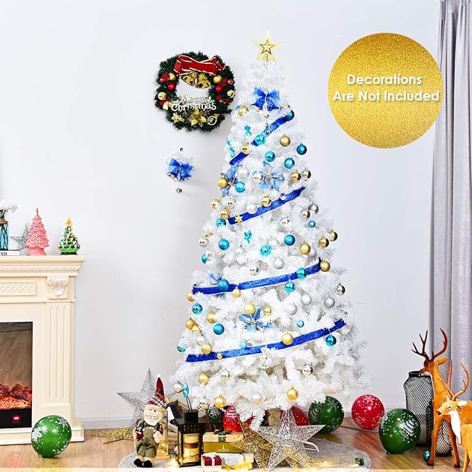 GOFLAME 7FT Artificial White Christmas Tree Home Holiday Décor, Metal Stand PVC Material 950 Branches Indoor Decoration, Easy Assembly