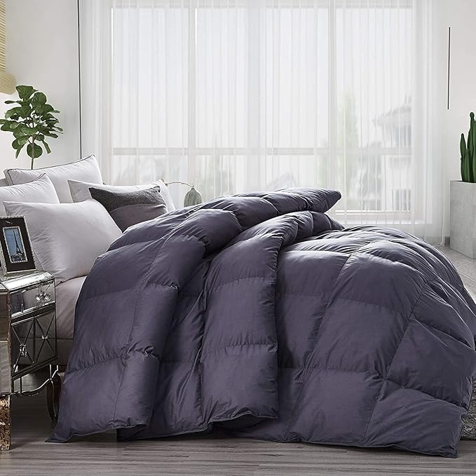Luxurious Twin/Twin XL Goose Down Comforter, UNIQUE Gray Solid, 600 Thread Count, 100% Egyptian Cotton Cover, 65 Oz Fill Weight, 750 Fill Power