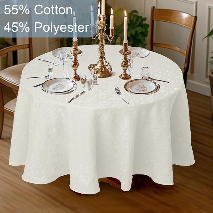 Off White Round Tablecloth 70 Inch Cloth for 5ft Tables (4-6 Seats) - Cotton & Polyester Blend- Fade Resistant - Washable & Reusable - 1PC Circle Table Cover for Wedding, Party & Dining, Bows Jacquard
