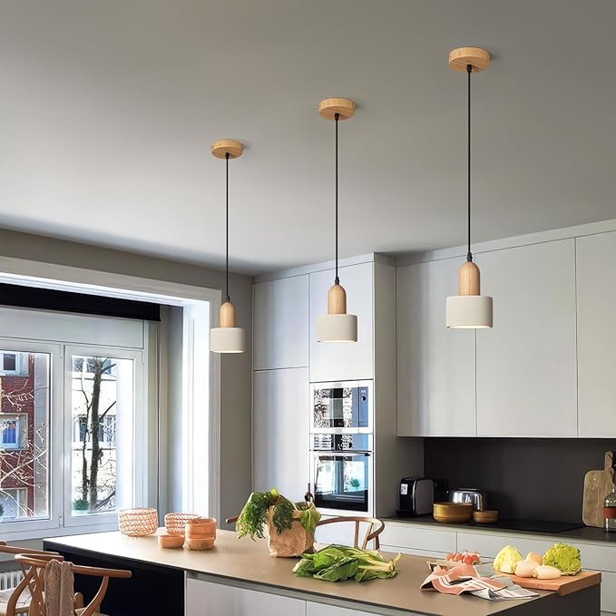 Modern Cement Pendant Lights White Chandelier Wooden Ceiling Lamps for Kitchen Island Bedroom Dining Room Living Room bar（1 Pack）