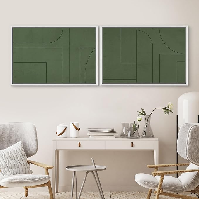 SIGNWIN Framed Canvas Print Wall Art Set Green Mid-Century Polygon Landscape Abstract Shapes Digital Art Modern Art Decorative Minimalism Vintage for Living Room, Bedroom, Office - 16"x24"x2 White
