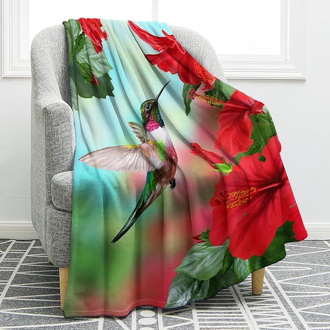 Jekeno Spring Hummingbird Floral Blanket Gifts for Women Kids Girls Mom Wife Birthday Mother's Day Presents Red Flowers Bird Decor for Home Bed Bedroom Soft Cozy Plush Throw Blanket 50"x60"