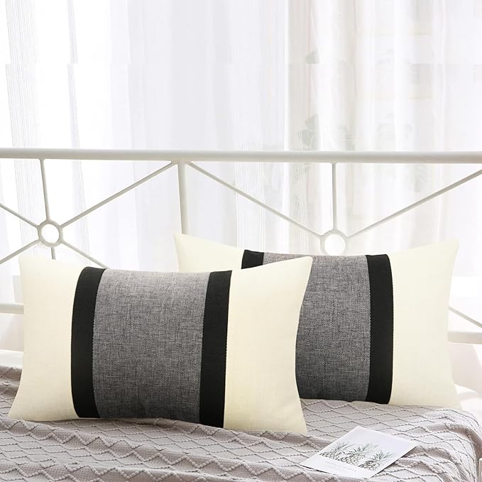 Pyonic 12x20 Pillow Covers Set of 2 Farmhouse Decor Stripe Patchwork Linen Throw Lumbar Pillow Covers Boho Accent Cushion Covers for Couch Sofa,Black White Grey
