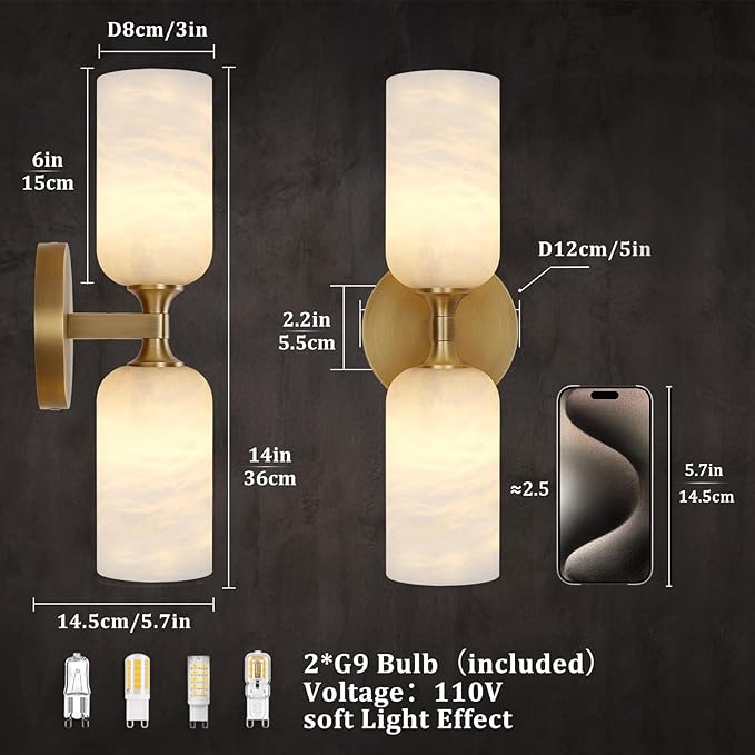 Alabaster Wall Sconce 14in Modern Spanish Natural Marble Bathroom Vanity Sconces, Antique Brass Sconces Wall Lighting, Gold Wall Light Fixtures Decor, For Bedroom Living Room Staircases Hallway