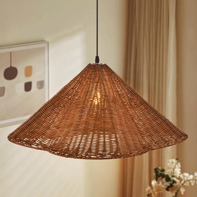 Arturesthome 1 Light Boho Rattan Pendant Light Fixture 23.6" Coastal Retro Woven Ceiling Chandelier Hanging Lamp for Farmhouse Living Dining Room Coffee
