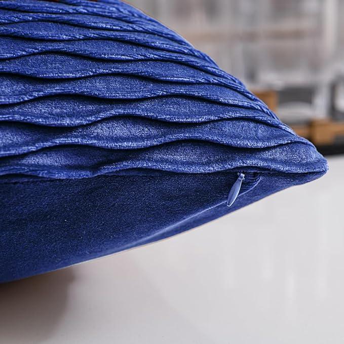 18x18 Blue Throw Pillow Covers: 2 Pack Original Striped Velvet Square Decorative Pillow Cases for Farmhouse Couch