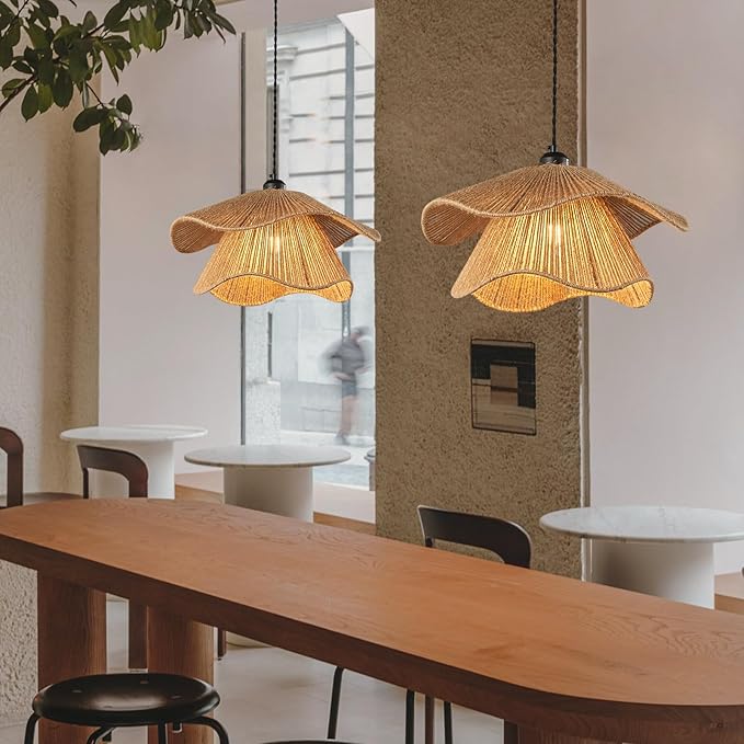 Farmhouse Hand-Woven Rattan Pendant Light Fixture Bohemian Chandelier Woven Wicker Pendant Lighting for Kitchen Island, Dining Room, Bedroom Room,Hallway