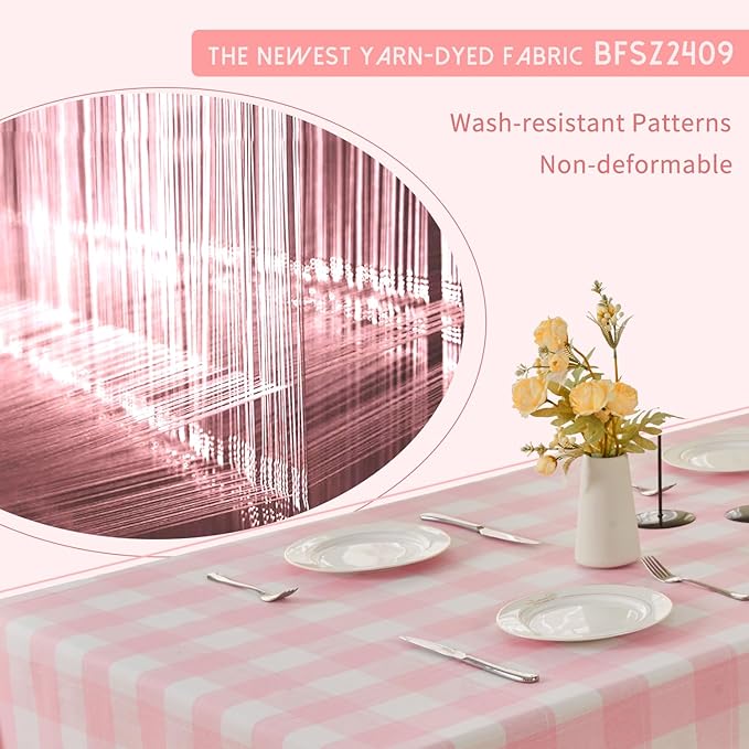 BALCONY & FALCON Rectangle Gingham Table Cloth – Water-Resistant Cotton Blend, Spill-Proof & Washable Checkered Tablecloth for Kitchen, Dining, Picnic, Party (Pink White, 57x118 Inch)