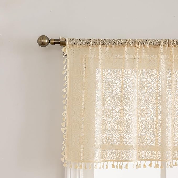 YJ YANJUN Boho Kitchen Valance Curtains Over Sink 1 Panel,W59 x L18 Inch, Vintage Lace Valance with Tassels Crochet Cafe Curtains 18 inch Length for Bathroom Basement Rod Pocket