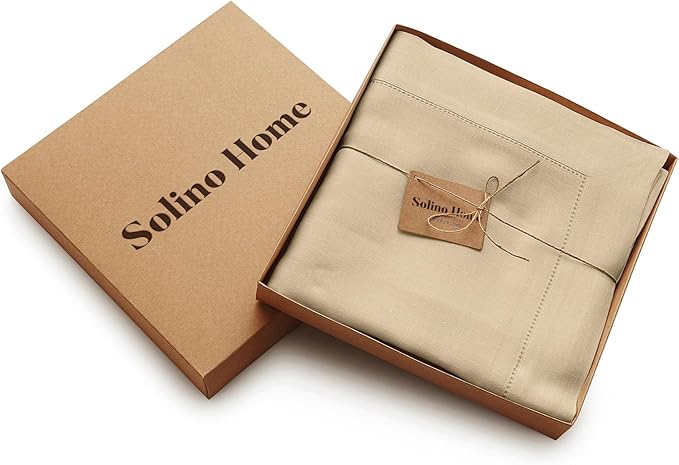 Solino Home Linen Tablecloth for Rectangle Tables 60 x 108 Inch - Classic Hemstitch 100% Pure Linen Beige Table Cloth - Machine Washable Cloth Tablecloth for Fall, Autumn, Thanksgiving, Christmas