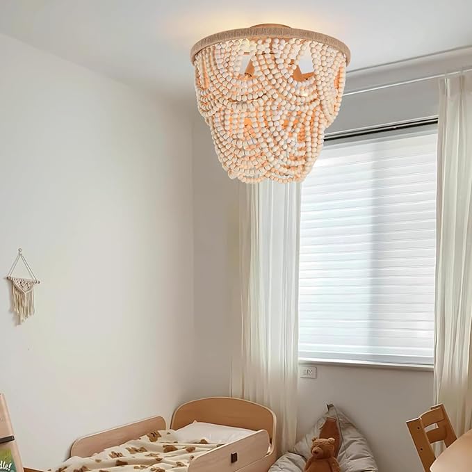 Boho Wood Beaded Chandelier Retro Vintage Antique Rustic 3 Lights Ceiling Lamp Light fixtures for Dining Room Kitchen Living Room Bedroom Foyer Office