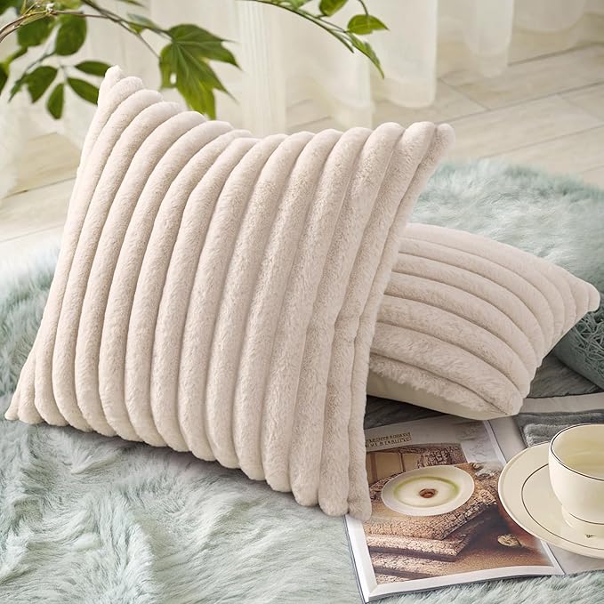 decorUhome Faux Fur Christmas Throw Pillow Covers 24x24 Set of 2, Decorative Soft Plush Striped Neutral Couch Euro Pillow Covers with Velvet Back for Sofa, Bed, Living Room Home Decor, Beige