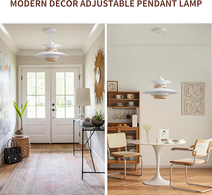 Modern Decor Adjustable Pendant Lamp Kitchen Island, Aluminum and Wood Finish,1-Light E26 Base Ceiling Hanging Light for Dining Room Shop Restaurant (White+Light Wood Grain, 40cm)