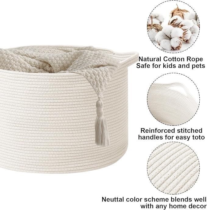 Large Blanket Basket for Organizing,65L Closet Organizers and Storage Bins Box for Shelves Woven Rope Storage Baskets,Living Room,Bedroom,Dorm,Laundry room (White)