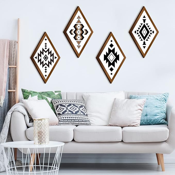 Nuenen 6 Pcs Aztec Wall Decor, Farmhouse Southwest Home Decor, Boho Wall Art Western Geometric Diamond Frame Hanging Aztec Print Abstract Shape Wood Modern Art Decoration for Bedroom Bathroom Office