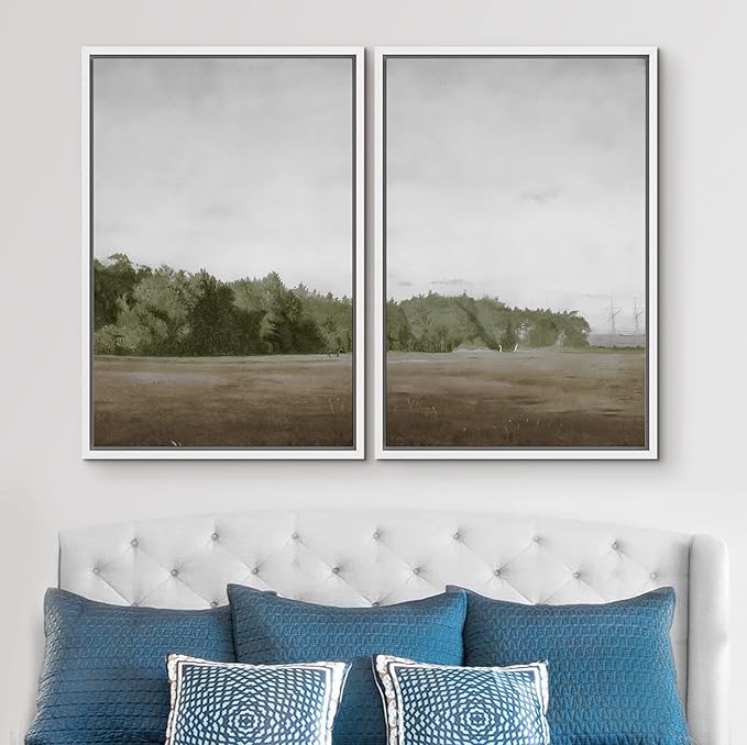 SIGNWIN Framed Canvas Print Wall Art Set Green Mountain Hill Forest Landscape Nature Wilderness Illustrations Fine Art Farmhouse/Country Minimal for Living Room, Bedroom, Office - 16"x24"x2 White