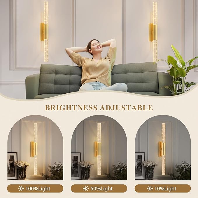 camuucci Battery Operated Gold Wall Sconces Set of 2 Rechargeable Battery Powered Wall Light with 12000mAh Not Hardwired Dimmable Wall Lamp Fixtures for Bedroom Living Room 25.6 Inches