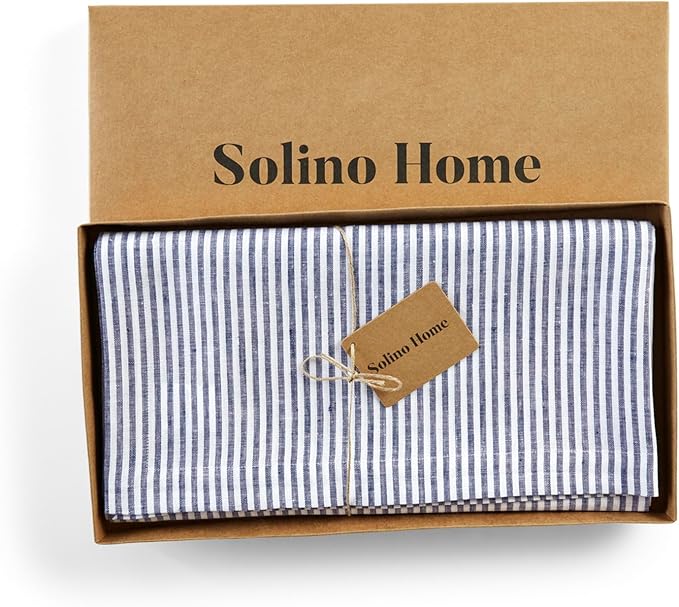 Solino Home Linen Square Tablecloth 52 x 52 Inch - Narrow Stripe, 100% Pure Linen Navy and White Table Throw - Machine Washable Tablecloth for Fall, Autumn, Thanksgiving, Christmas, Winter