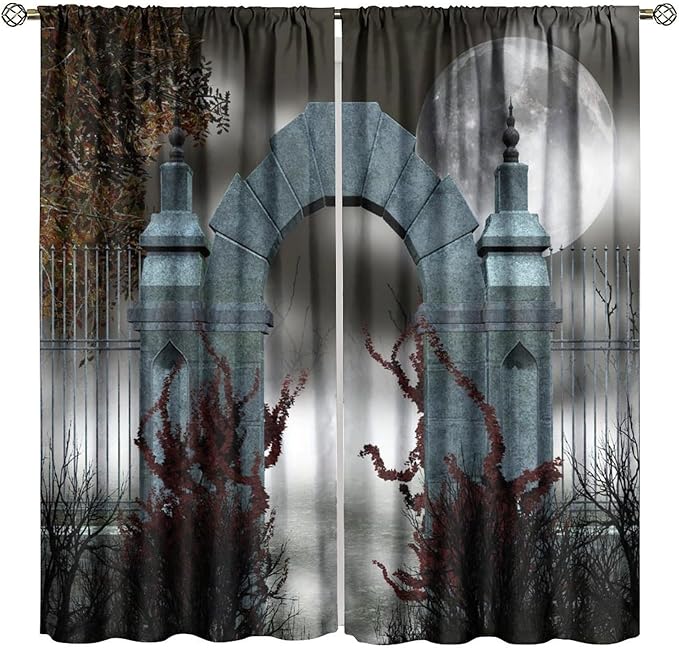 Gothic Mid Century Blackout Curtains, Scary Medieval Moon Dark Night Theme Window Drapes, for Living Room Bedroom 21(W)*63(L) 2 Panels