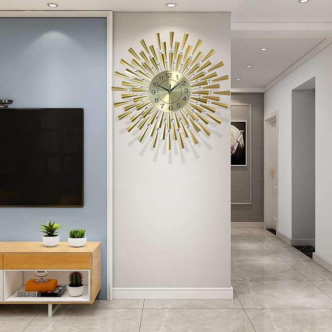 Large Wall Clocks for Living Room Decor Modern Gold Silent Wall Clock Battery Operated Non-Ticking for Bedroom Kitchen Office Home Decorative 24 Inch Retro Crystal Clocks Wall Decor for House