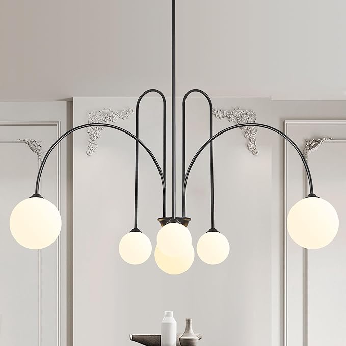 Black Sputnik Chandelier,6 Lights Modern Chandelier for Dining Room Mid Century Chandelier Large L49” Ceiling Pendant Light Fixtures with Milk Glass Globe Shades for High Ceiling Foyer Living Room