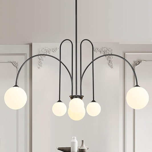 Black Sputnik Chandelier,6 Lights Modern Chandelier for Dining Room Mid Century Chandelier Large L49” Ceiling Pendant Light Fixtures with Milk Glass Globe Shades for High Ceiling Foyer Living Room