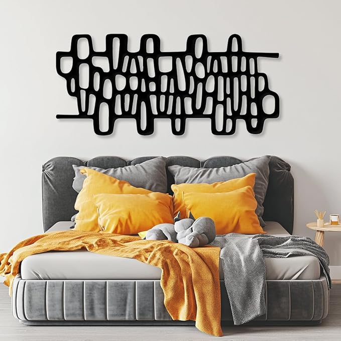 Abstract Geometric Metal Wall Art, Modern Circles Metal Decor, Minimalist Line Art, Long Narrow Sign, Luxury Modern Artwork for Living Room, Farmhouse, Office (Black, 24"x11")