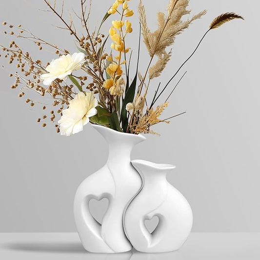 Heart Ceramic Vase Set of 2, White Flower Vases for Lovers, Modern Minimalist Vases for Home Decor or Gift