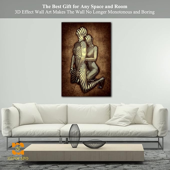 3D Metal Effect Canvas Wall Art- Gold 3D Metal Canvas Art Silver 3D Canvas Art Wall Decor for Modern Living Room, Romantic Couple Living Room Canvas Wall Art Framed 28”x40”x1Pcs