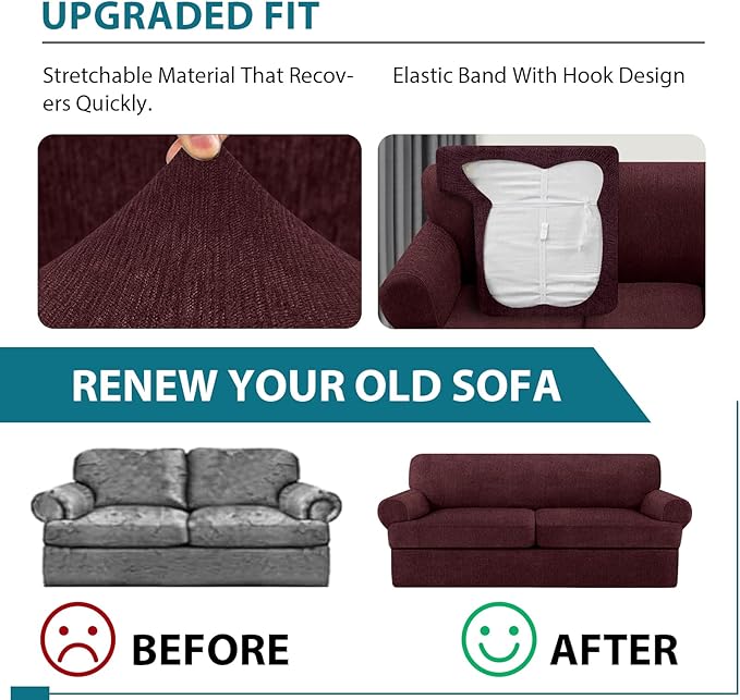 3 Piece T Cushion Sofa Slipcovers Stretch Couch Cover Furniture Covers with 2 Individual T Cushion Covers, Machine Washable for Living Room (Burgundy, 2 Cushions)