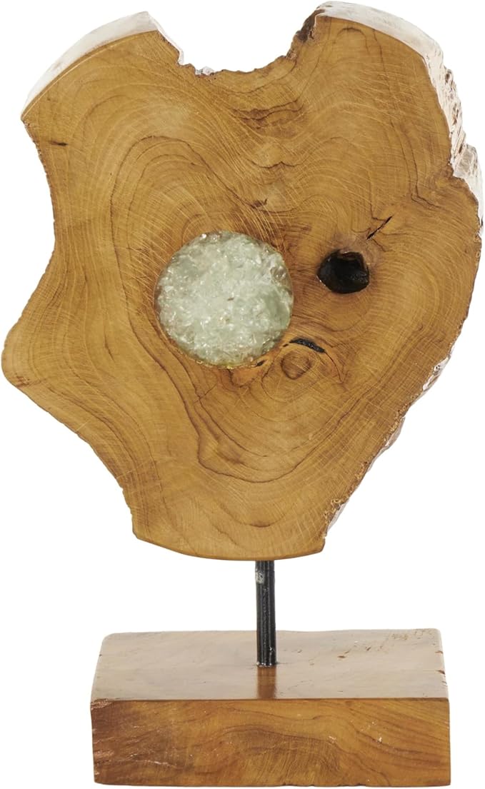Deco 79 Teak Wood Abstract Decorative Sculpture Home Decor Statue with Resin Embedded, Accent Figurine 10" x 4" x 12", Brown