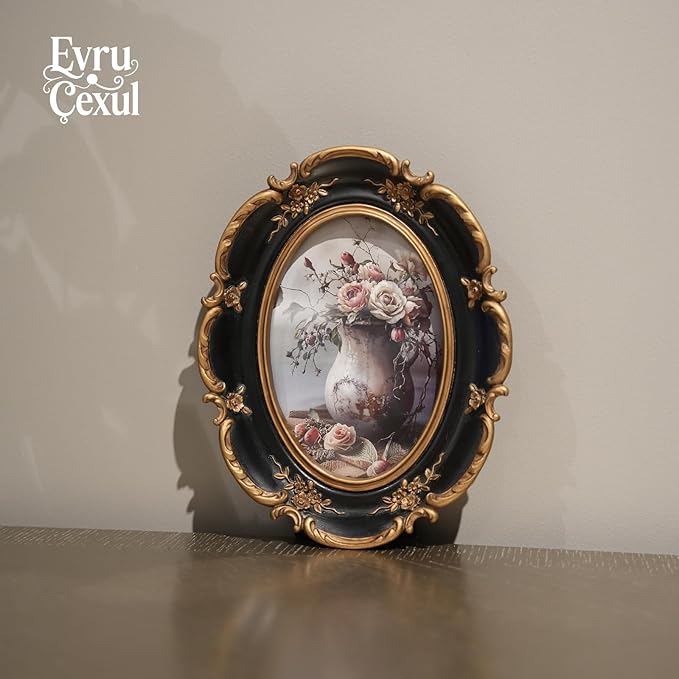 Oval Vintage Picture Frame 4x6 - Ornate Black Gold Photo Frame 4 By 6, Antique Photo Frames 4x6in, Rustic 4x6 Small Frames Retro Decorative Wall Hanging For Home Decor