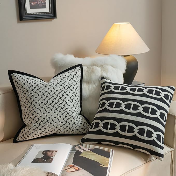 New 20x20'' inches Throw Pillow Cushion Covers - White Pignose Horseshoe Black Color Chenille Jacquard Embroidery Luxury Modern Style Couch Sofa Bed Pillow Cover for Living Room Bedroom