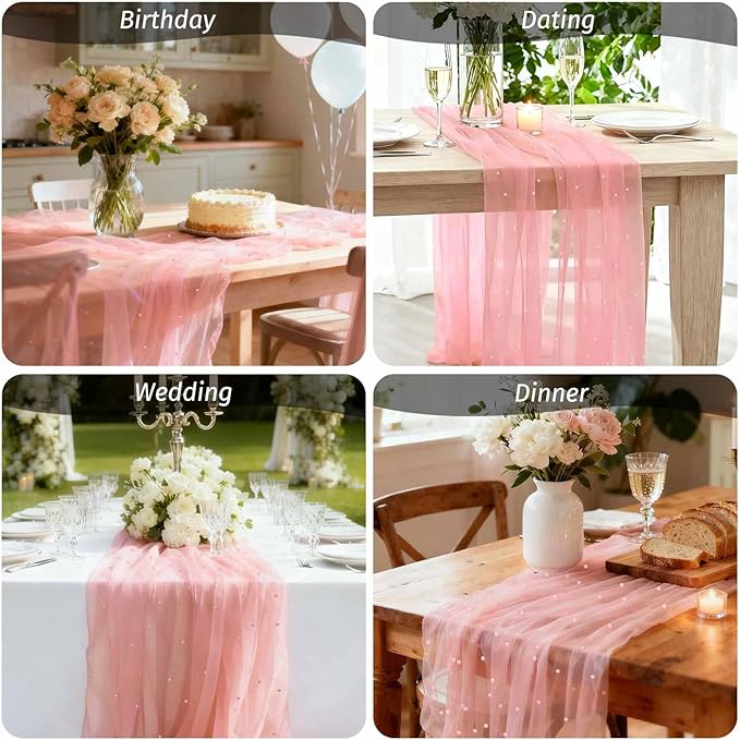 WELTRXE Pearl Table Runner 30x120 Inch 10FT Long, Pink Gauze Table Runners, Rustic Boho for Wedding Arch Birthday Party Bridal Veil Baby Shower Decorations