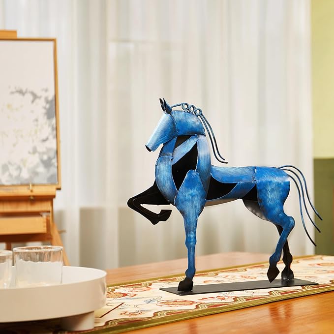 Horse Statue, Unique Metal Art Sculpture for Vintage Home Decor, Modern Decor, Gift for Horse Lovers (Blue)