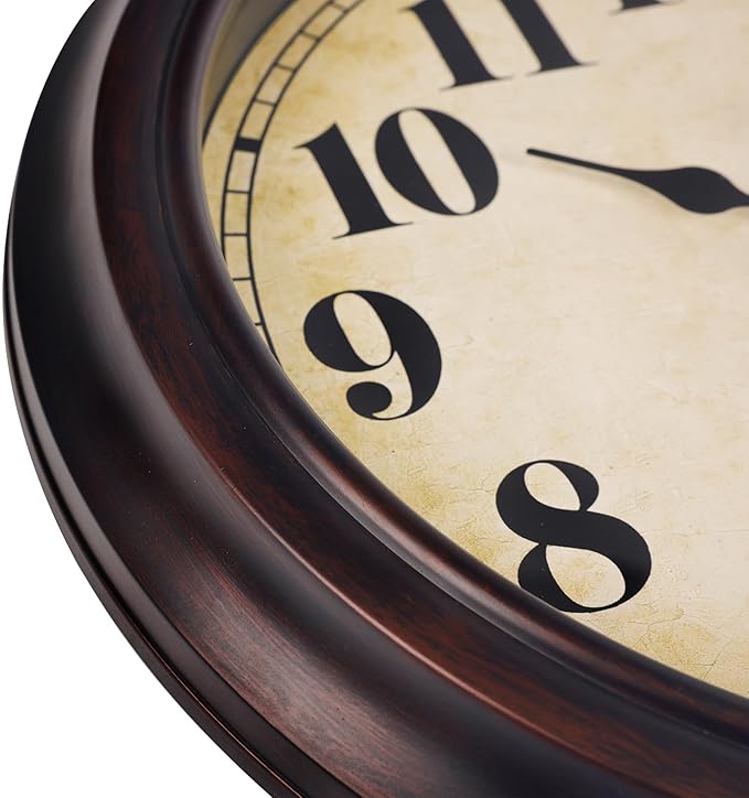 45MinST 13 Inch Red-Brown Vintage Large Wall Clock, Quartz, Battery Operated, Quiet Non-Ticking Accurate Movement with Bold Numerals, Elegant Home Decor
