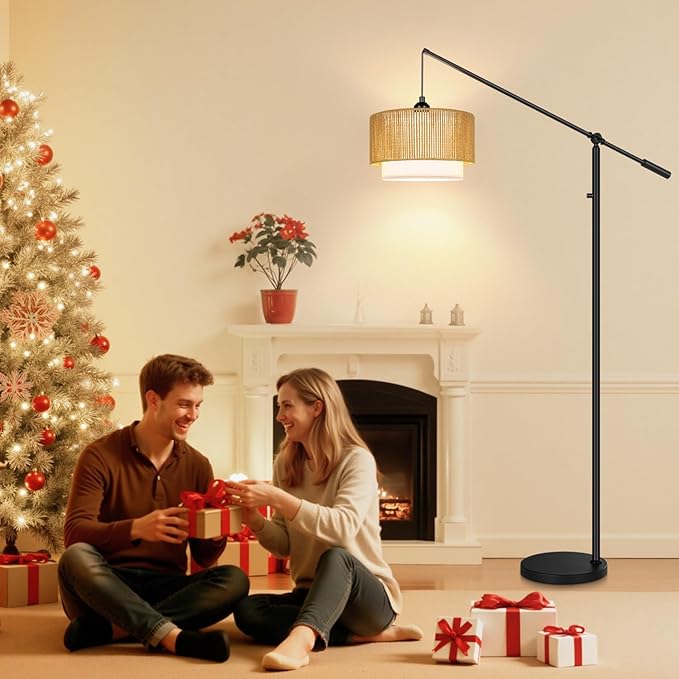 【Upgraded】Arc Floor Lamp for Living Room, Boho Dimmable Swing Arm Floor Lamp with Rattan & Fabric Shades, Black Rattan Standing Lamp with 11W Bulb, Farmhouse Adjustable Tall Lamp for Bedroom Office